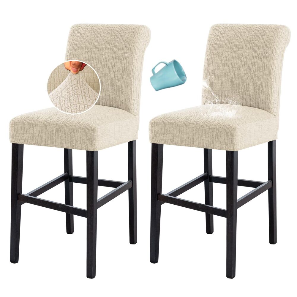 Set of 2, Waterproof Pub Counter Stool Chair Covers (Ivory, Jacquard Crizzle)